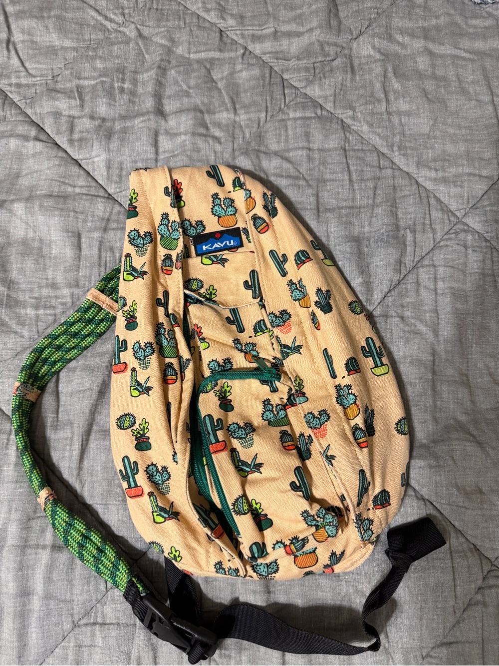 Kavu Crossbody Rope Sling Bag with Green Strap and Cactus Print